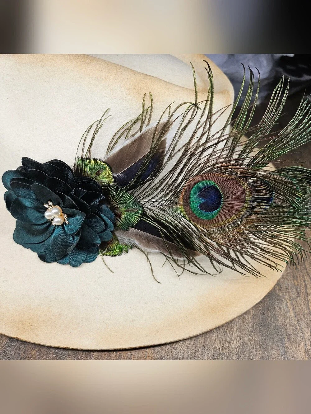 NEW Peacock feather Hat Pin Brooch W/ green satin flower, rhinestones and pearls